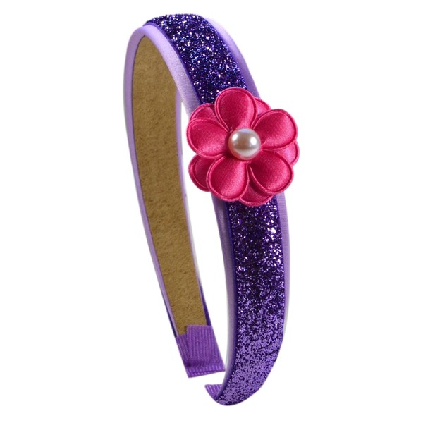 Funny Girl Designs Purple Glitter Headband with Pink Daisy Flower for Preschoolers and Little Girls