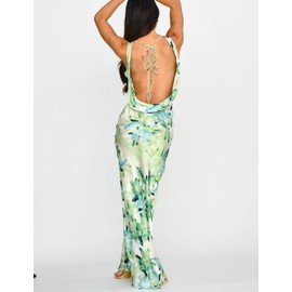 Women's 2025 Summer Satin Backless Elegant Dress for Wedding Guest Silk Sleeveless Cowl Neck Party Formal Maxi Dresses Green Floral