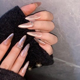 WOMHOPE Press on Nails Handmade Full Cover False Nails with Rhinestone Vintage Flower Aurora Acrylic Nails for Women and Girls 10pcs/Box Long Almond,Coffin (Nude cat's eye, Medium)