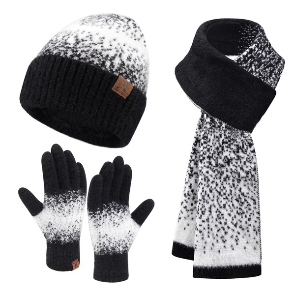 Womens Winter Knit Beanie Hats and Touchscreen Gloves Long Scarf Set Warm Fleece Skull Cap Scarfs for Women