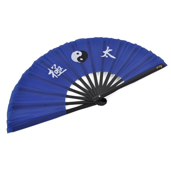 Éventail Tai Chi (Tai Ji Shan) Bambou - Droitier, Bleu foncé imprimé