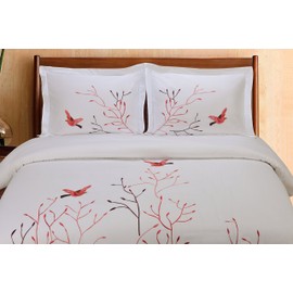 SUPERIOR Swallow Embroidered Duvet Cover Set, Long-Staple Cotton, Full/Queen, Red