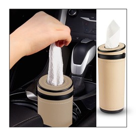 Moioee Car Tissue Holder, Cylinder Tissue Box with Window Breaker, PU Leather Round Tissues Container for Auto Cup Holder, Travel Facial Tissues Organizer for All Vehicles (Beige)