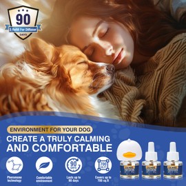 LKBHGF Dog Pheromone Calming Diffuser 4 in 1 Appeasing Pet Pheromones Diffuser to Calm Kit for Anxiety Relief Reduce Barking Aggression Fighting Stress 90 Day Supply (Plug in+ 3 Pack 48ml Refill)