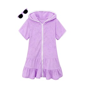 Hiiraggle Purple Girls Swimsuit Cover Up Kids Swim Coverup Terry Zip-Up Beach Pool Clothes, 3t 4t