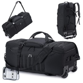 KSIBNW Rolling Duffel Bag with Wheels and Handle, 4 In 1 Tactical 86L Military Backpack with Hidden Straps,Waterproof Wheeled Large Duffle Bag for Travel,Durable MOLLE Luggage for Men & Women, Black