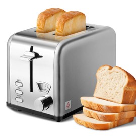 YSSOA 2 Slice Stainless Steel Toaster with Extra Wide Slot & Removable Crumb Tray, 5 Shade Setting and Bagel/Defrost/Cancel Function, Retro Compact Oven, for Various Bread & Waffle, Silver