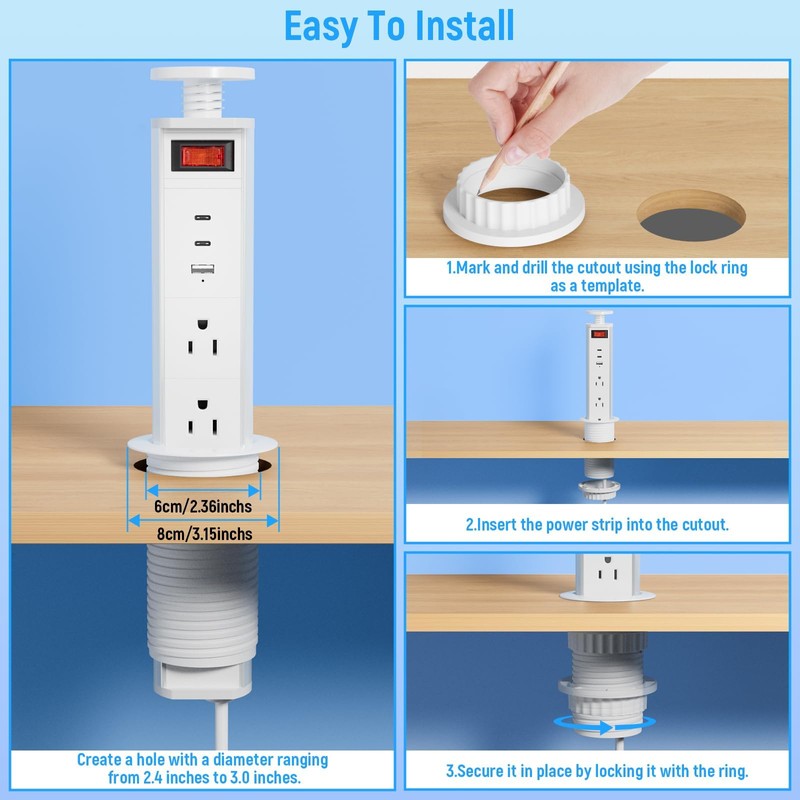 Pop Up Outlet for Countertop, 2.5'' Manual Lift Recessed Power