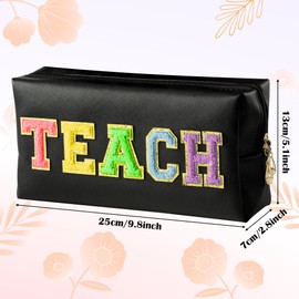CY2SIDE Colorful TEACH Letter Patch Makeup Bag Black PU Leather Patch Cosmetic Bag with TEACH Chenille Letter for Travel Waterproof Portable Zipper Big Travel Organizer for Teacher Appreciation Gifts