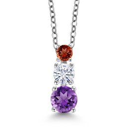 Gem Stone King Rhodium Plated 3 Stone Pendant for Women & Chain  Amethyst Moissanite 0.86ct