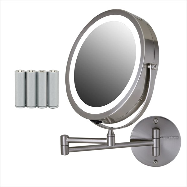Ovente 7" Lighted Wall Mount Makeup Mirror, 1X & 7X Magnifier, Adjustable Double Sided Round LED, Extend, Retractable & Folding Arm, Compact & Cordless, Battery Powered Nickel Brushed MFW70BR1X7X