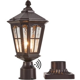 Dusk to Dawn Post Light Brown, Lamp Post Light with Pier Mount Base, Aluminum Exterior Pillar Light Fixture with Water Ripple Glass, Oil Rubbed Bronze Pole Light for Garden, Patio, Pathway