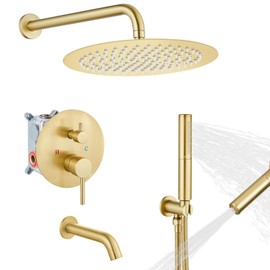Airuida Round Shower System Set with Tub Spout,Wall Mount 3 Function Rain Shower Faucet Set,2 Functions Handheld Shower Tub Spout Tub Shower Combo Set Fixtures 12 Inches Shower Head Brushed Gold
