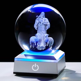 Ornalrist 3.15" Crystal Ball 3D Jesus The Shepherd Figurine with Colorful LED Light Base, Good Shepherd Jesus Christian Religious Gifts for Women Men for Home Decor