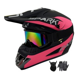 Dirt Bike Helmets Youth Kids Four Wheeler Motocross Helmet Fashion Adult Motorcycle BMX MX ATV Off-Road Moutain Bike Helmets Dot Approved (Goggles Gloves Faceshield) (Blackpink, Large)