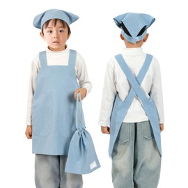 Poweforest Apron, Kids, Triangular Drawstring Bag, 3-Piece Set, Boys, Girls, Elementary School, Middle School, Shoulder Bag, Back Cloth Included, Pocket, Stylish, Cute, Easy to Put on and Take off (Solid Blue, M/47.2 - 55.1 inches (120 - 140 cm)