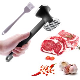 PUWOWYE Meat Tenderiser Double-Sided Cutlet Tenderiser Smooth 22 cm, Meat Hammer Double-Sided, Meat Tenderiser for Cutlets, Steak, Beef, Black