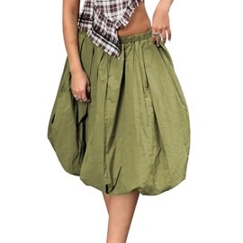 Women Y2k Bubble Skirt Going Out Midi Skirt Elastic High Waist Solid Color Puffball Hem Short Skirt Dress Streetwear (Green, XL)