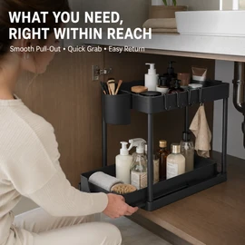 2-Tier Under Sink Organizer with Pull-Out Drawer & Hooks