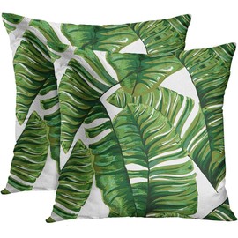 Emvency Set of 2 Throw Pillow Covers Tropical Artistic Vintage Green Palm Leaf Decorative Pillow Cases Home Decor Standard Square 18x18 Inches Summer White Pillowcases