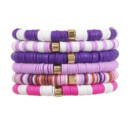 COLORFUL BLING 6Pcs/Set Bohemia Heishi Clay Surfer Bead Stretch Bracelets Vinyl Disc Polymer Stackable Layering Bracelet Set Preppy Summer Beach Jewelry for Women-purple