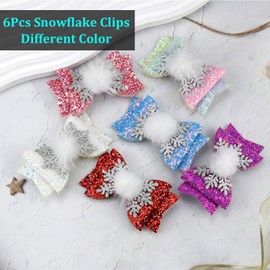 6PCS Christmas Hair Clips Christmas Hair Bows for Winter Christmas Hair Accessories, Colorful Princess Snowflake Bow Hair Clips For Girls Makeup (Colorful Snowflake 6Pcs)