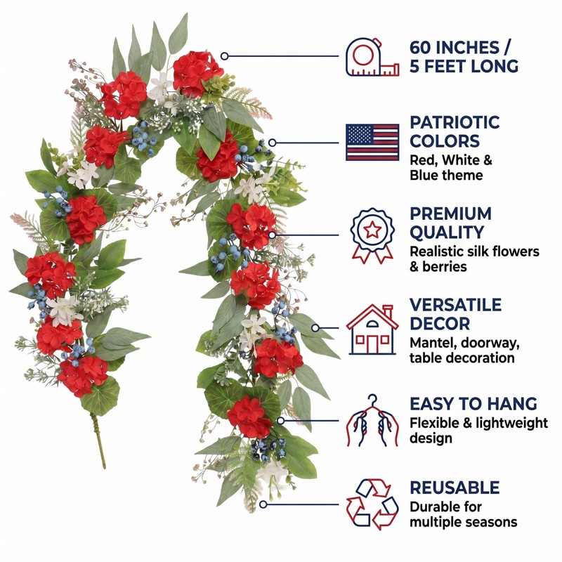 Quixem Patriotic Garland 60 Inch Wire Base Red White Blue