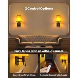 TECOMLIGHT Rechargeable Battery Operated Wall Sconces Set of 2, Wireless LED Wall Lights with Remote & On/Off Pull Chain, Wall Mounted Lamp Lighting Fixture Decor for Bedroom Living Room, Matte Black