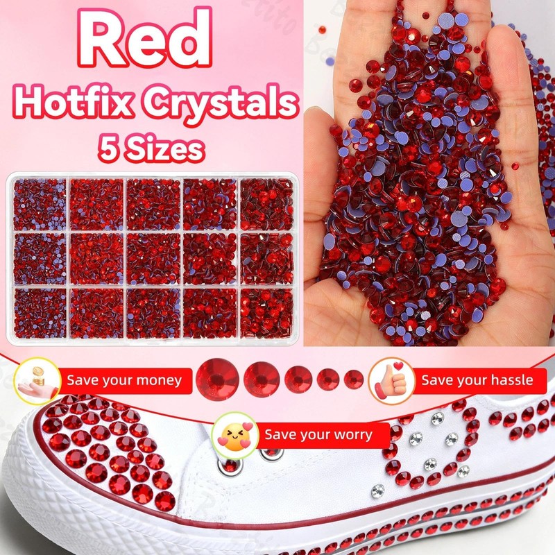 15000Pcs Red Flatback Hotfix Rhinestones for Bedazzling, Red Hotfix Gems