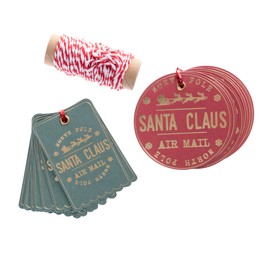 Santa Stamp Gift Tags Set, 16 Holiday Tags, 2 Designs, to and from Names Cards, Gold Foil Accents, Bakers Twine