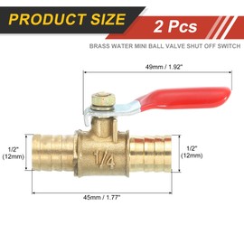 sourcing map 4Pcs Brass Water Mini Ball Valve Shut Off Switch, 1/2" Hose Barb x 1/2" Hose Barb, 180 Degree Operation Handle, Brass Valve