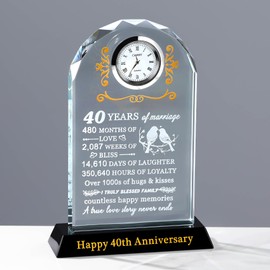 Ornalrist 40th Wedding Anniversary Glass Quartz Clock Gifts for Couple Parents, 40 Years Anniversay Presents for Her Wife Him Parents, Ruby Anniversary Laser Engraved Glass Plaque