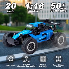 Great-JUNAMT Remote Control Car RC Cars 1:16 All Terrain Monster Truck LED Headlights, Outdoor 2WD Off Road Hobby RC 2.4GHz High Speed, 20Km/h RC Car Toys Gift for Kids Boys 3 4 5-12 (Blue)