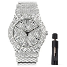 ICEDTAG Men's 18K Gold Silver Plated Luxury Watch, 46MM Round Iced Bezel with Roman Numerals, Lab Diamonds, Quartz Movement, Gift Box Included (White Gold)