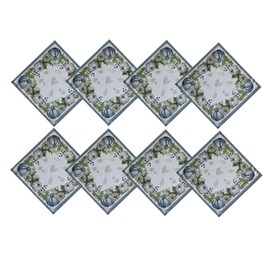 Newbridge Blue Pumpkin Farmhouse Harvest Bordered Thanksgiving Fabric Napkins, Stonewashed Fall Pumpkin and Sunflower Cottage Print Easy Care Napkins, Set of 8 Border Napkins