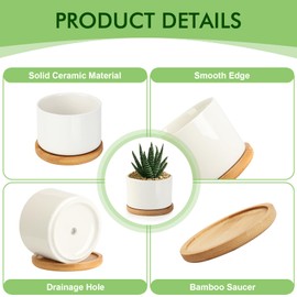 ZOUTOG 12 Pack Ceramic Succulent Pots,4 Inch Plant Pots,Succulent Planters with Drainage Hole & Bamboo Tray for Indoor Plants,White Small Flower Planters for Home,Office,Desk