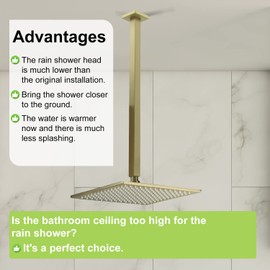 Drettyer Ceiling Mount Shower Arm with Flange 20 Inches Square Straight Extender Extension Pipe Replacement, Long Shower Arm For Fixed Rain Shower Head or High Ceiling, Brushed Gold