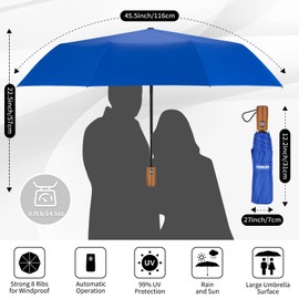Yoobure Windproof Travel Umbrella with Wood Handle, Automatic Umbrellas for Rain & UV Sun Protection, Compact 46" Large Canopy, Lightweight Backpack Portable for Walking & Outdoor