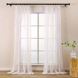 L.Z.E Beige and White Sheer Curtains for Living Room 90 Drop Pencil Pleat Light Beige Wave Pattern Curtains & Drapes for Bedroom 225 cm Long Transparent Linen Look Window Sheers 2 Panels Set