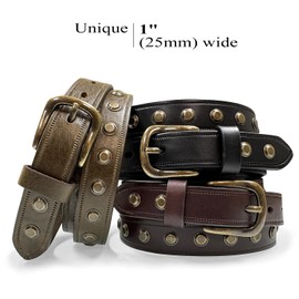 One Piece 100% Genuine Leather Belts for Women Studded Punk Dress Jean Belt 1"(25mm) wide (Brown, 30)