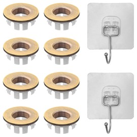 8Pcs Brass Sink Overflow Trim Ring with 2 Adhesive Hook,Brass Bathroom Sink Overflow Cover Sink Drain Cap, Bronze Basin Drain Cover Hole Insert in Round Caps for Kitchen