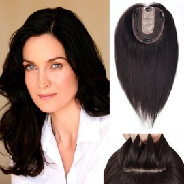 POWERASIA Hair Toppers for Women Real Human Hair Extensions No Bangs with Thinning Hair Wiglets Upgrade 150% Density Silk Base Clip in Hair Pieces Remy Hair Topper 14 Inch #1B