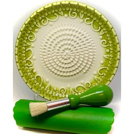 BonCera, All-in-one Premium Ceramic Garlic Grater Plate 4-Piece Set - Green Embossed Design and Style - For Garlic, Ginger, Chocolate, and more! - Comes with 5.25" Plate, Peeler, Brush, and Stand