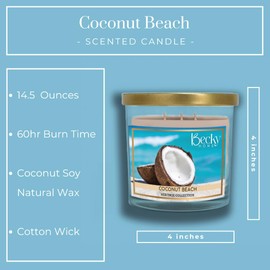Coconut Beach Scented 3-wick Candle in Glass Jar | Candles for Home | 14.5oz Rustic Home Decor Novelty Candle | 60 Hour Burn Time Candle
