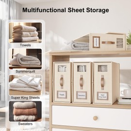 BigPonPon 4 Pack Foldable Bed Sheets Set Organizers and Storage(Cal King Size),Linen Fabric Closet Organizers with Window,Folding Bedding Storage Box for Bedsheets and Pillow Cube Organizer-Beige