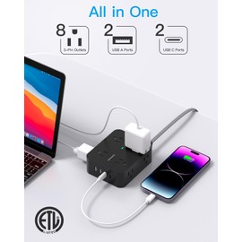 Extension Cord 20 Ft, Power Strip Surge Protector with 8 Outlets 4 USB Ports(2 USB C), Long Cord, Flat Plug, Wall Mount, Desk USB Charging Station for Home Office Essentials