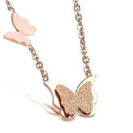 findout 14K rose gold plated titanium steel double frosted dimensional butterfly pendant necklace (f1493)