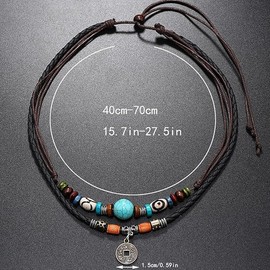 Boho Turquoise Beaded Necklace, Double Layer Leather Cord, Vintage Coin Pendant, Multi-Coloured