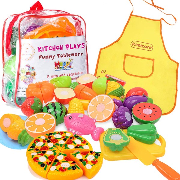 Kimicare Kitchen Toys Fun Cutting Fruits Vegetables Pretend Food Playset for Children Girls Boys Educational Early Age Basic Skills Development 24pcs Set