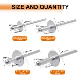 ISPINNER 60pcs Large Flange Aluminum Blind Rivets Assortment Kit with Heavy Duty Hand Riveter Rivet Gun Tool 1/8" 5/32" 3/16" Pop Rivets